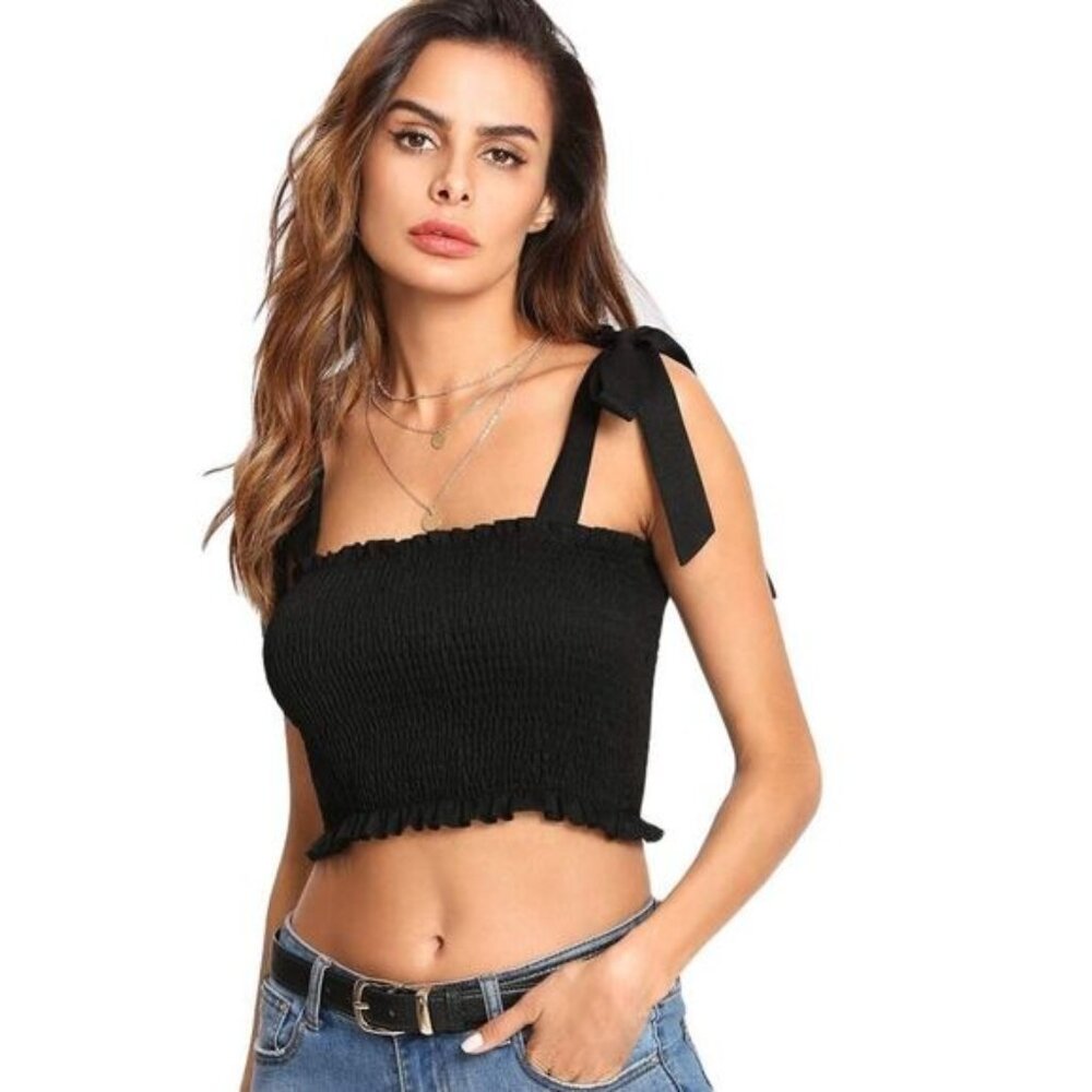 Kendall + Kylie Smocked Square Crop Top with Ribbon Straps‎ XS